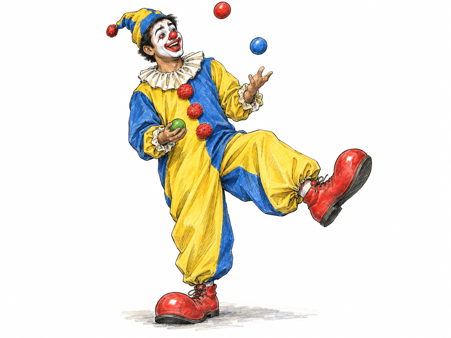 A cheerful clown in exaggerated face makeup and an oversized colorful costume performs a comic juggling act, balancing on one huge shoe with the other lifted awkwardly.