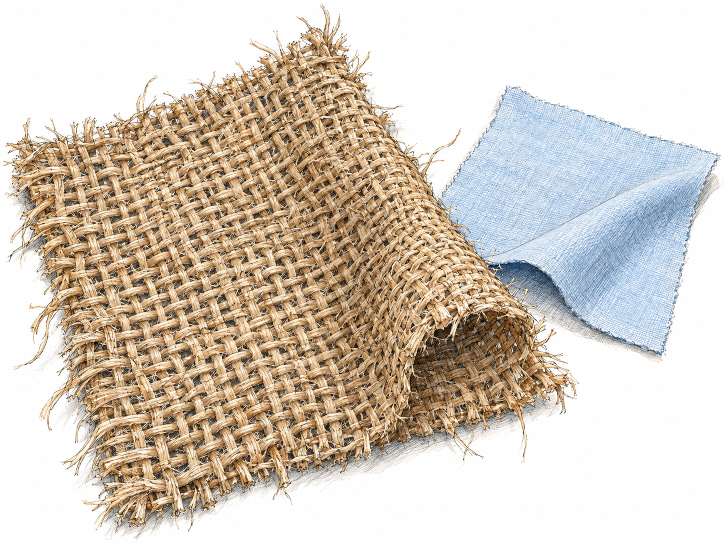 A close-up of coarse burlap beside a small swatch of fine, smooth cotton.
