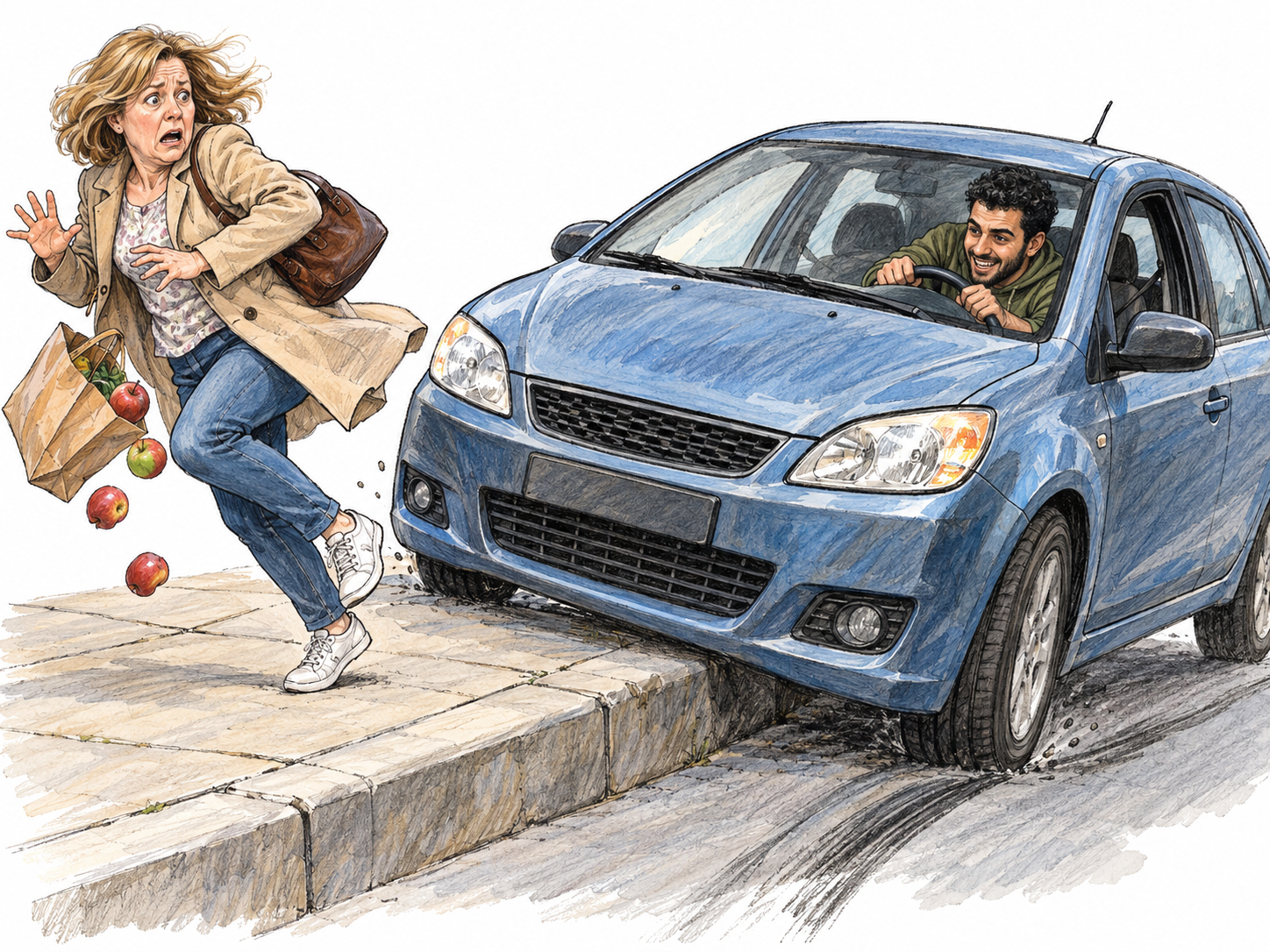 A wildly reckless driver mounts a sidewalk at speed, grinning as a pedestrian jumps away and drops her groceries.