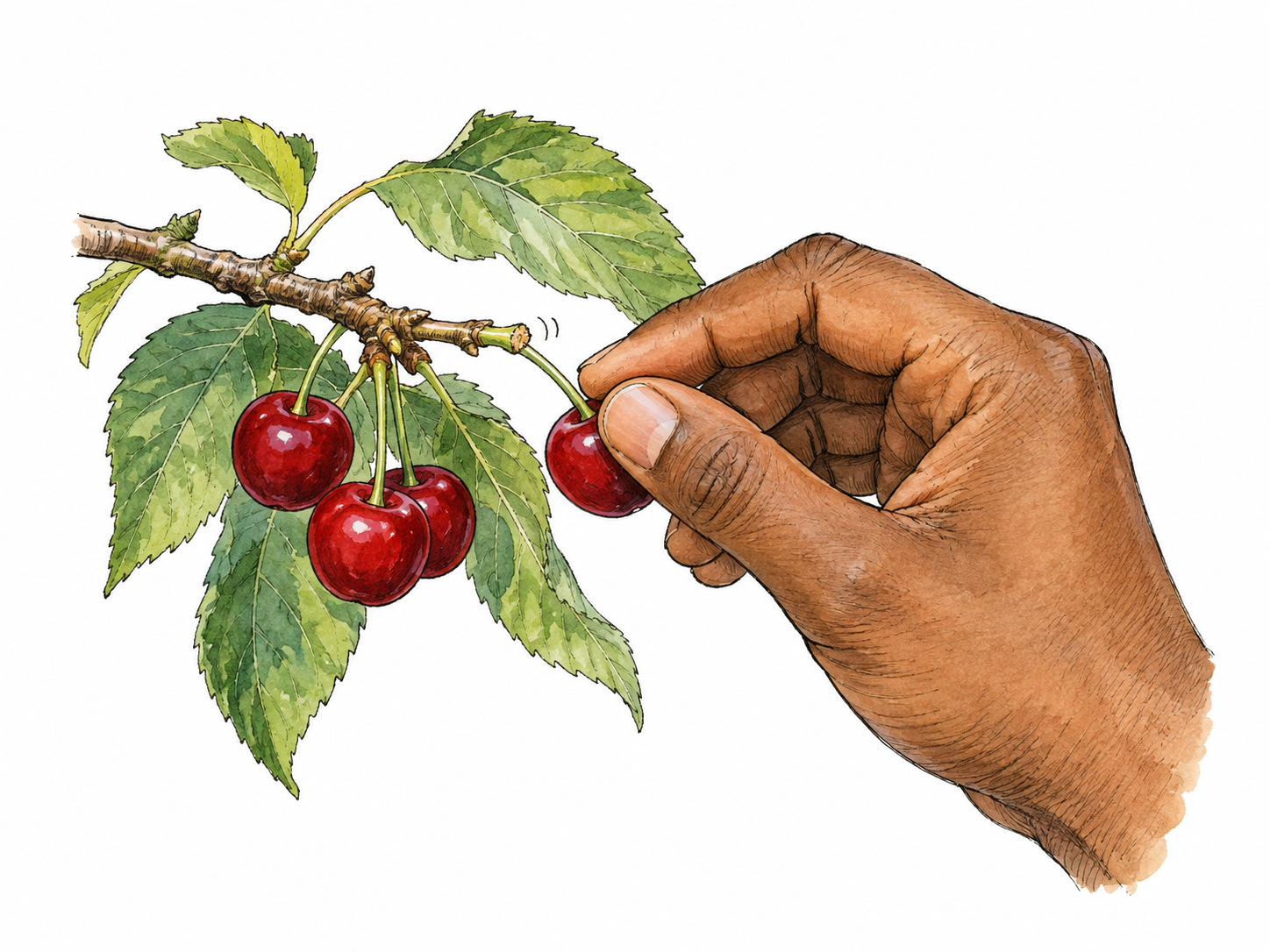 Hand quickly plucks one ripe cherry from branch, stalk just separating.