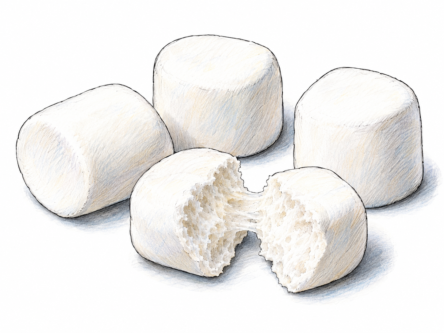A small cluster of recognizable white marshmallow candies, with one torn open to reveal its airy, spongy interior.