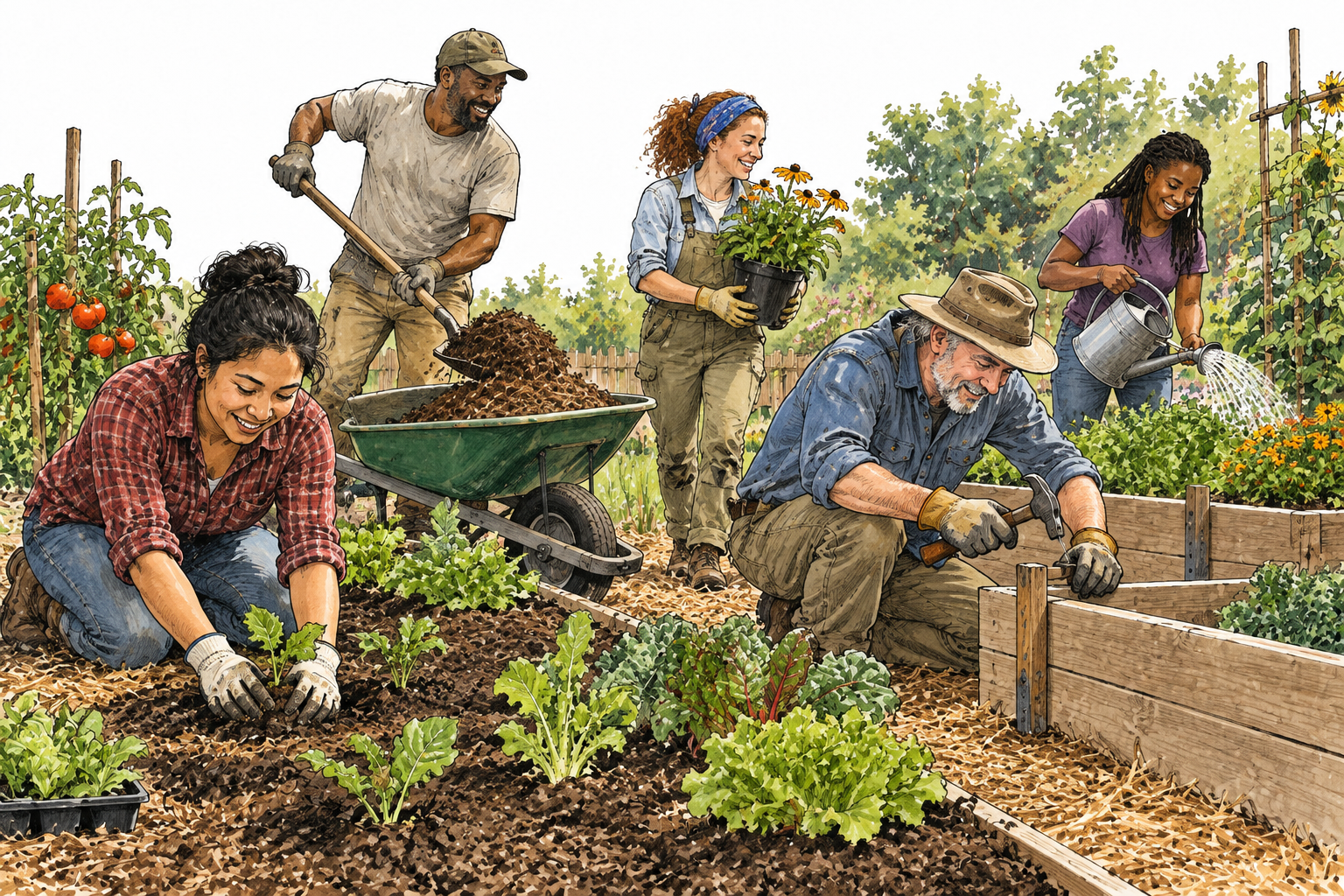 An energetic diverse team rapidly develops a lively community garden, active coordinated change and progress.