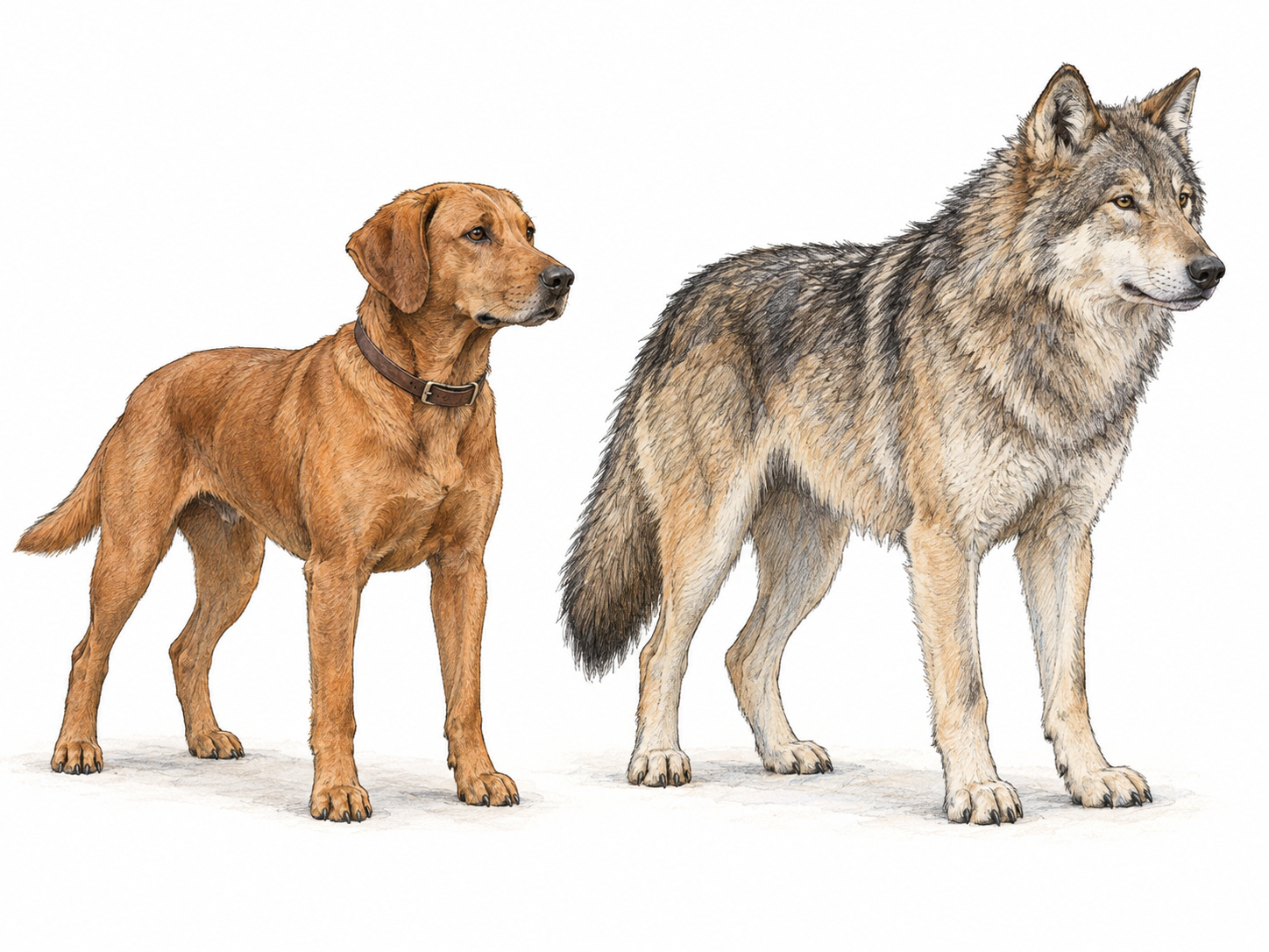 A domestic dog and a gray wolf standing side by side in matching three-quarter profiles, emphasizing their shared doglike muzzles, paws, ears, and tails.