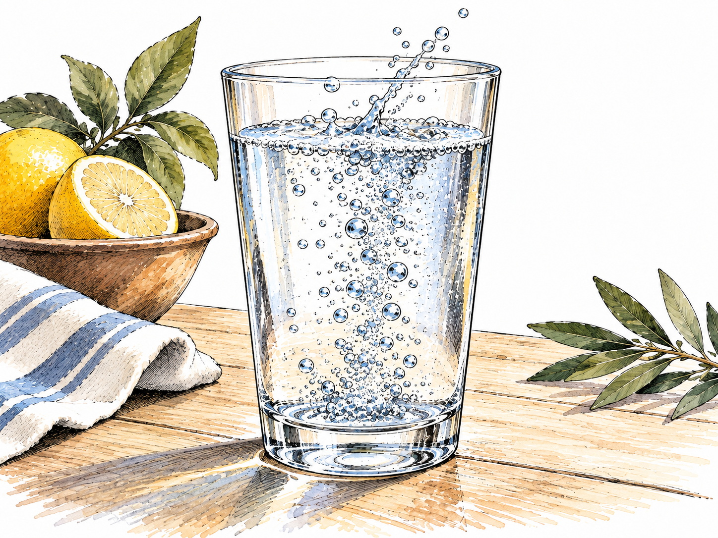 Close view of a clear glass containing sparkling water, many tiny bubbles rise from the bottom and burst at the surface, no bottle labels or text.