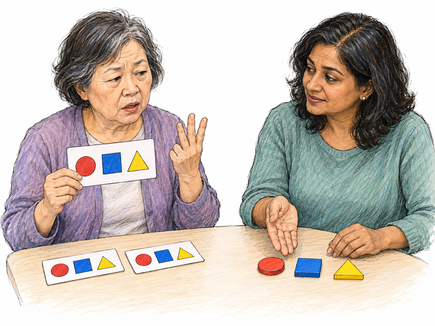 An older woman drills the same sequence of three colored shapes on identical flashcards, reciting while counting repetitions on her fingers.