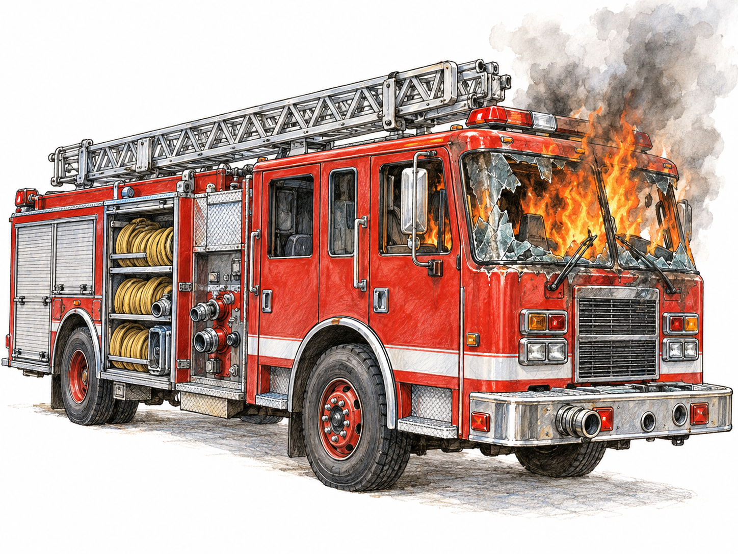 A recognizable fire engine is itself on fire: flames rise from its cab while its firefighting hoses and ladder remain clearly visible.