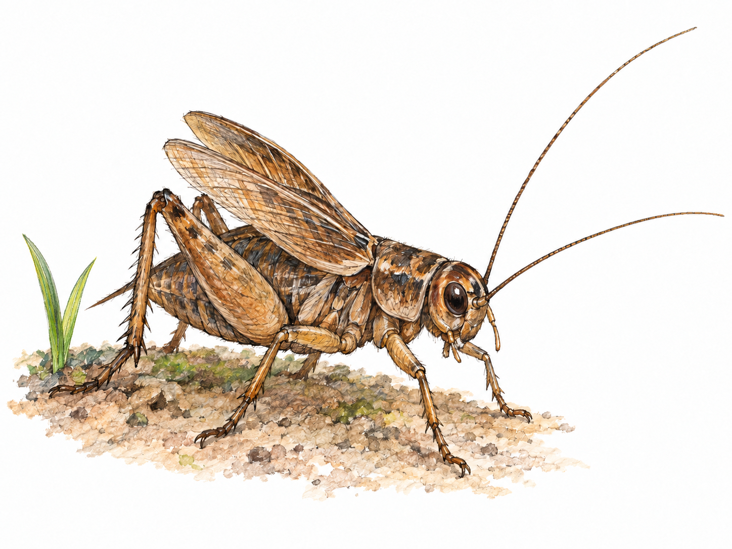 A single brown cricket perched on a small patch of earth, with long antennae, powerful folded hind legs and slightly raised forewings in a natural chirping posture.