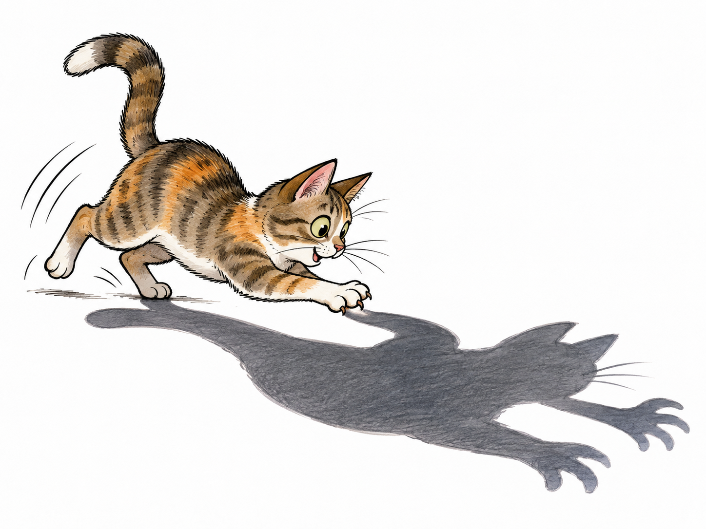 Single humorous framed drawing of a cat chasing its own oversized shadow, drawn cartoon on visible paper sheet, no text or captions.