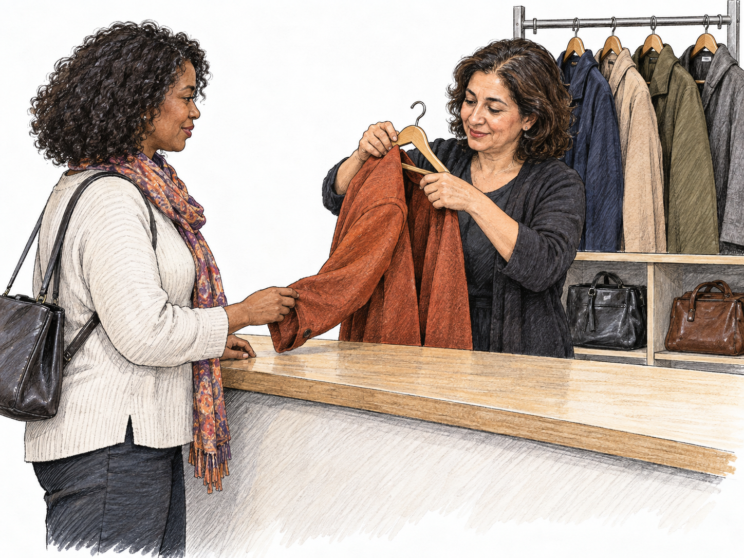 A cloakroom steward carefully stores a visitor’s coat among other guests’ belongings behind a staffed coat-check counter, visibly looking after property entrusted by others.