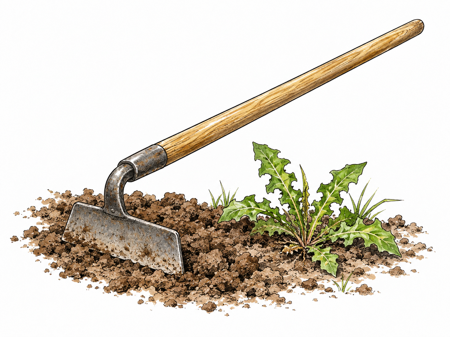 A long-handled garden hoe rests diagonally across loosened earth with its simple transverse flat metal blade plainly visible beside a weed.