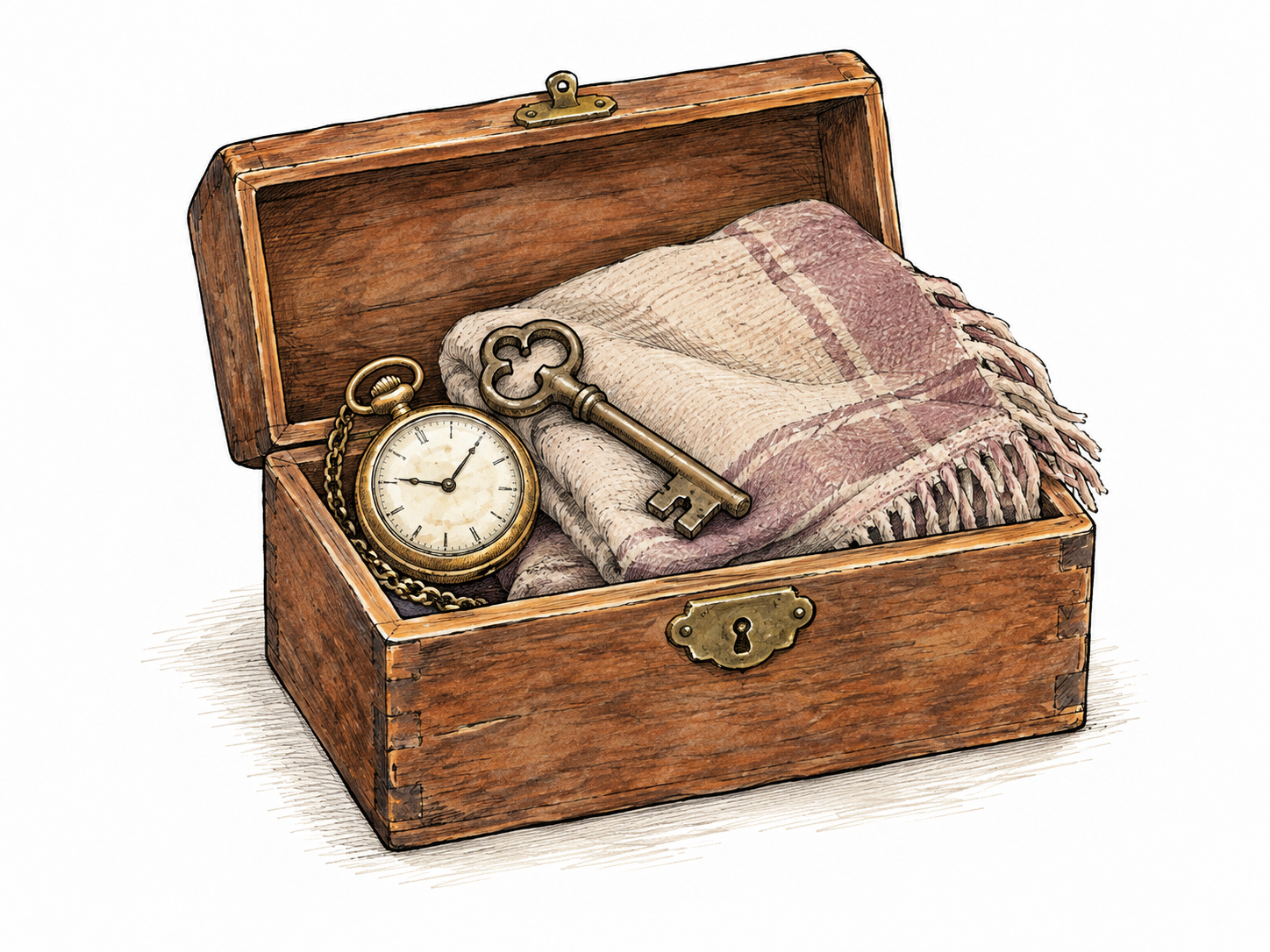 An old family house key, small heirloom watch and folded plain shawl rest in an opened modest keepsake box, material inheritance without text.