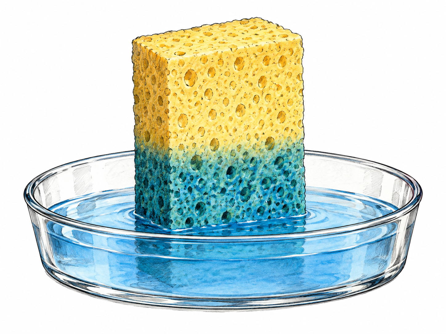 A porous sponge draws blue-tinted water upward from a shallow glass dish, the lower sponge visibly saturated and upper section still dry; a close clear view of liquid entering material, no arrows or words.