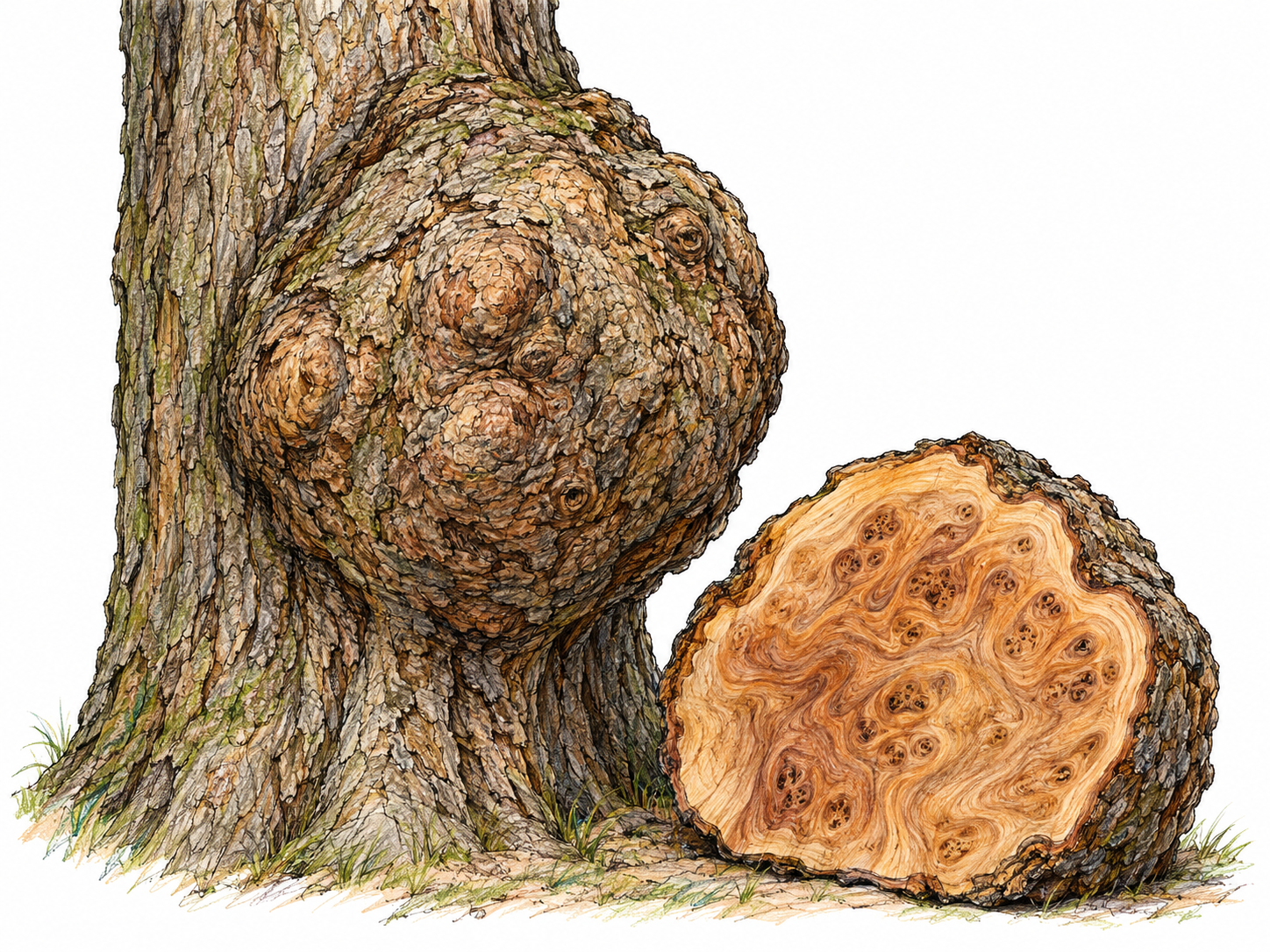 A large rounded, bark-covered burl bulges from a tree trunk, with a cut burl section beside it revealing dense swirling and eye-like wood grain.