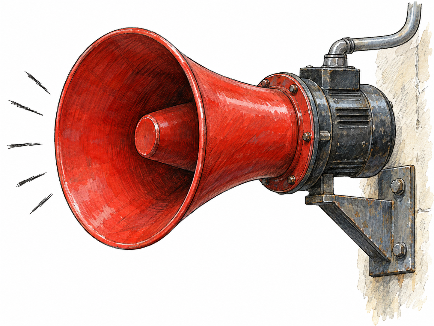 A close view of an electric warning horn with a broad flared metal mouth, motor housing, mounting bracket and visible electrical conduit.