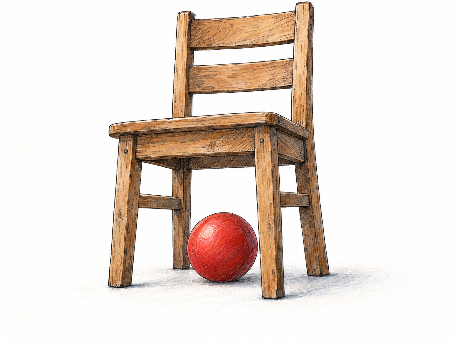 A red ball sits directly underneath a simple wooden chair, clearly within the footprint of its seat and between its legs.