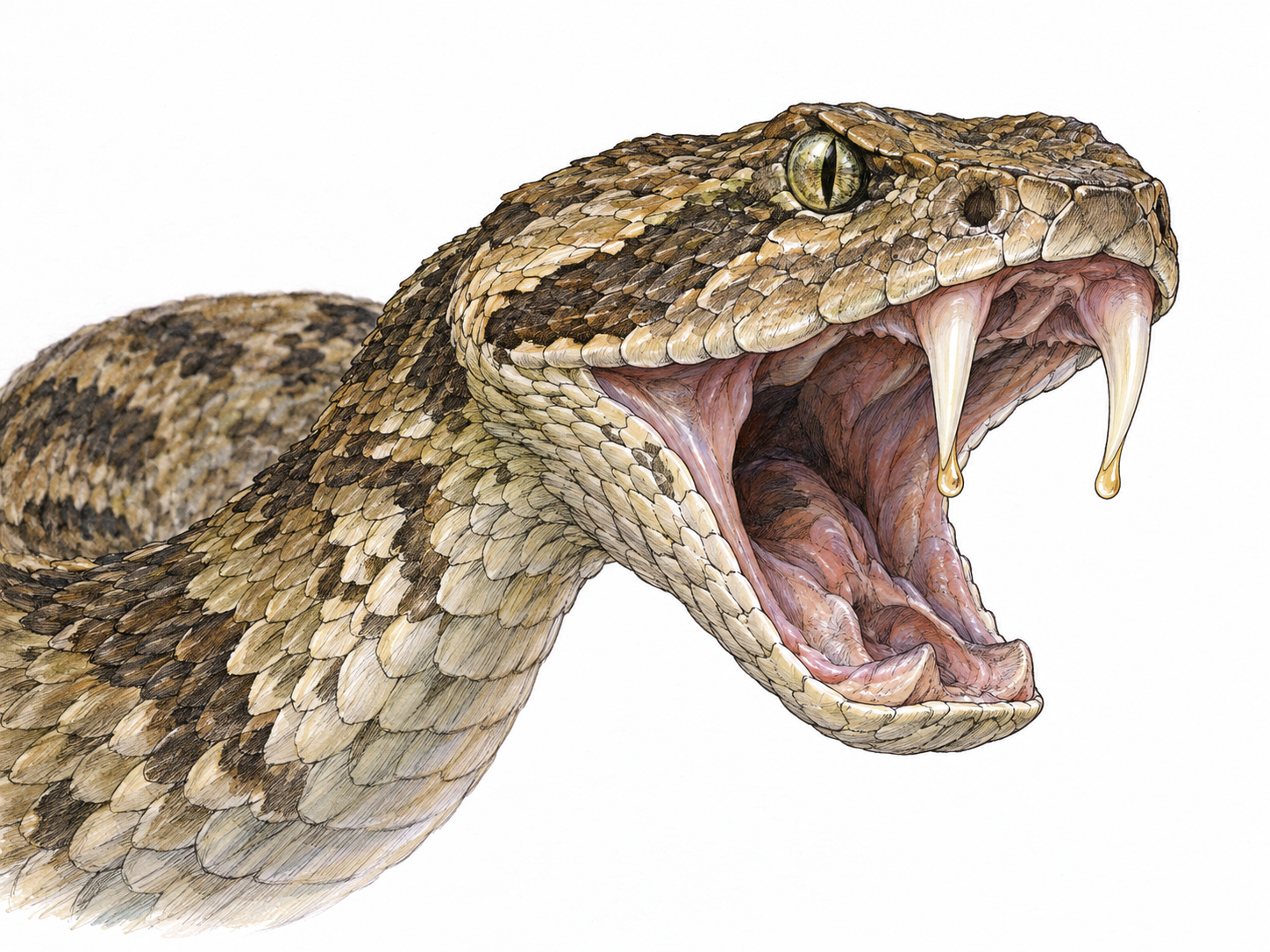 A close view of a viper with its mouth open, exposing two long injection fangs with tiny amber venom droplets at their tips.