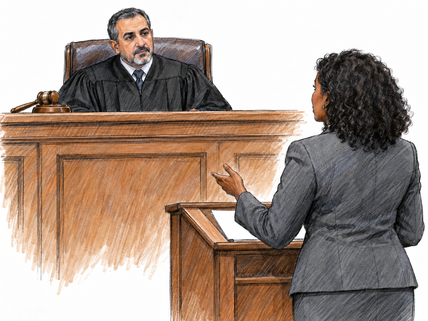 A robed judge presides behind a raised courtroom bench while an attorney stands at a lower lectern facing him, making the judicial setting immediately recognizable.