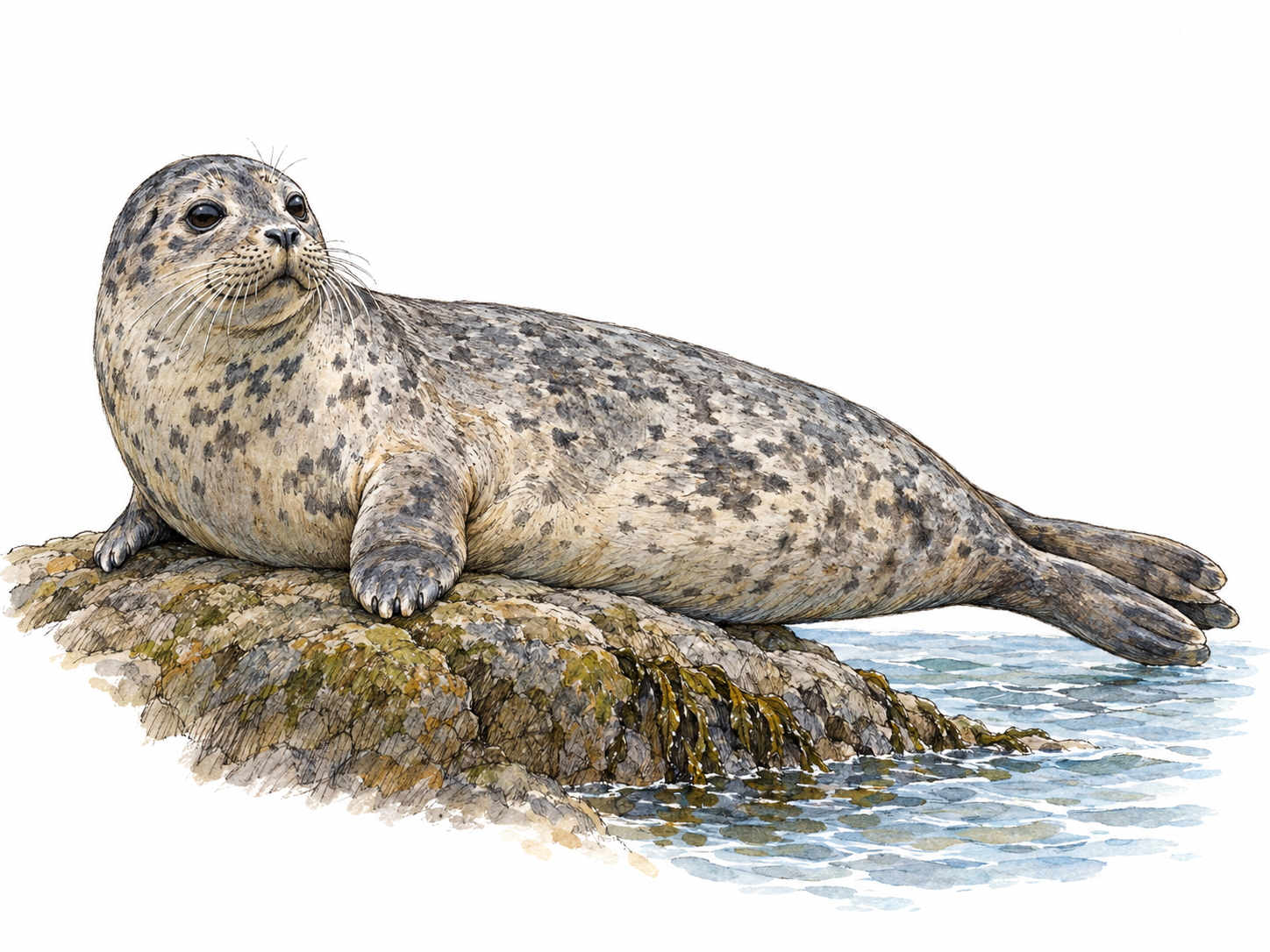 A single harbor seal resting on a low coastal rock beside a small patch of seawater, its streamlined body, short front flippers, paired rear flippers, rounded earless head, and whiskered muzzle clearly visible.
