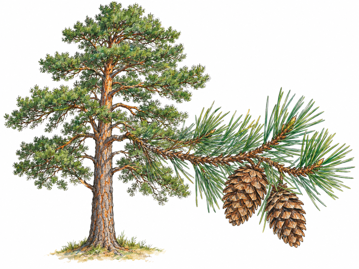 A living pine tree with a clearly connected foreground branch showing long evergreen needles in bundles and woody cones.