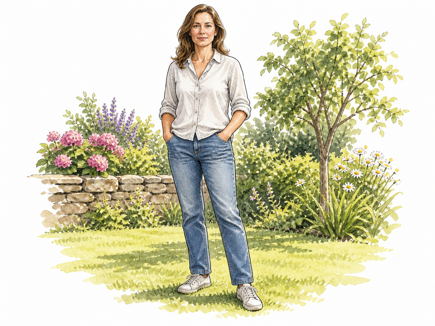 A white adult woman in everyday clothing stands naturally in a sunlit garden, dignified neutral portrait.