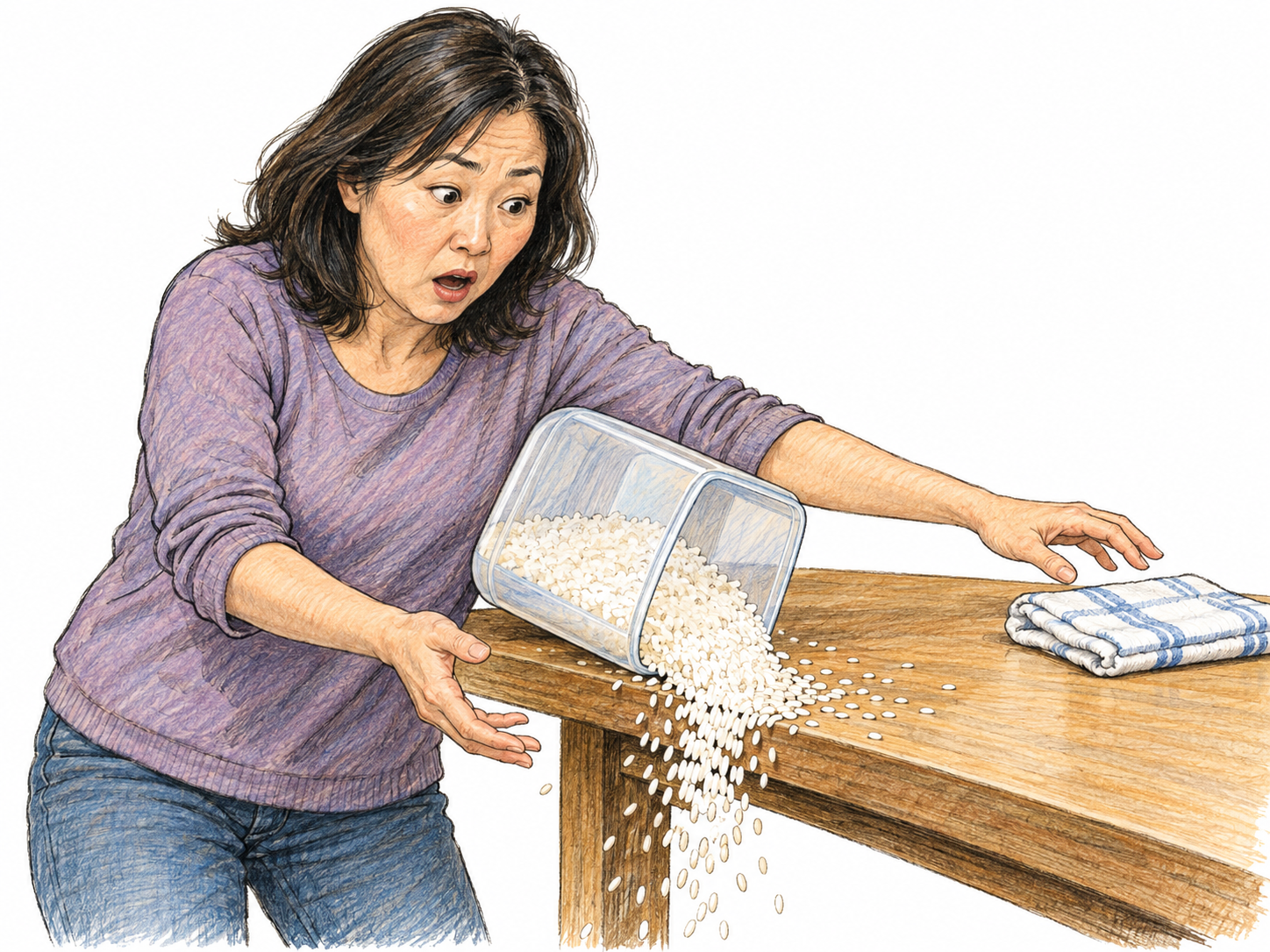 An accidental elbow bump tips an open tub of dry rice, sending grains over a kitchen table edge while the person reflexively tries to catch it.