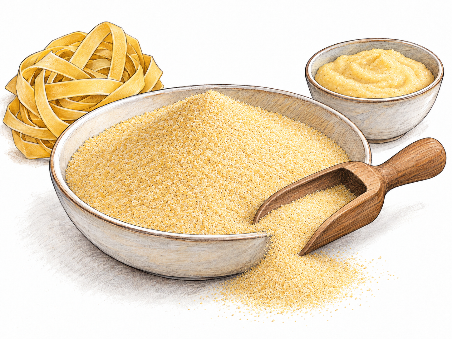 A close-up ingredient still life centered on coarse golden semolina, with a small amount spilled from a wooden scoop to reveal its granular texture.