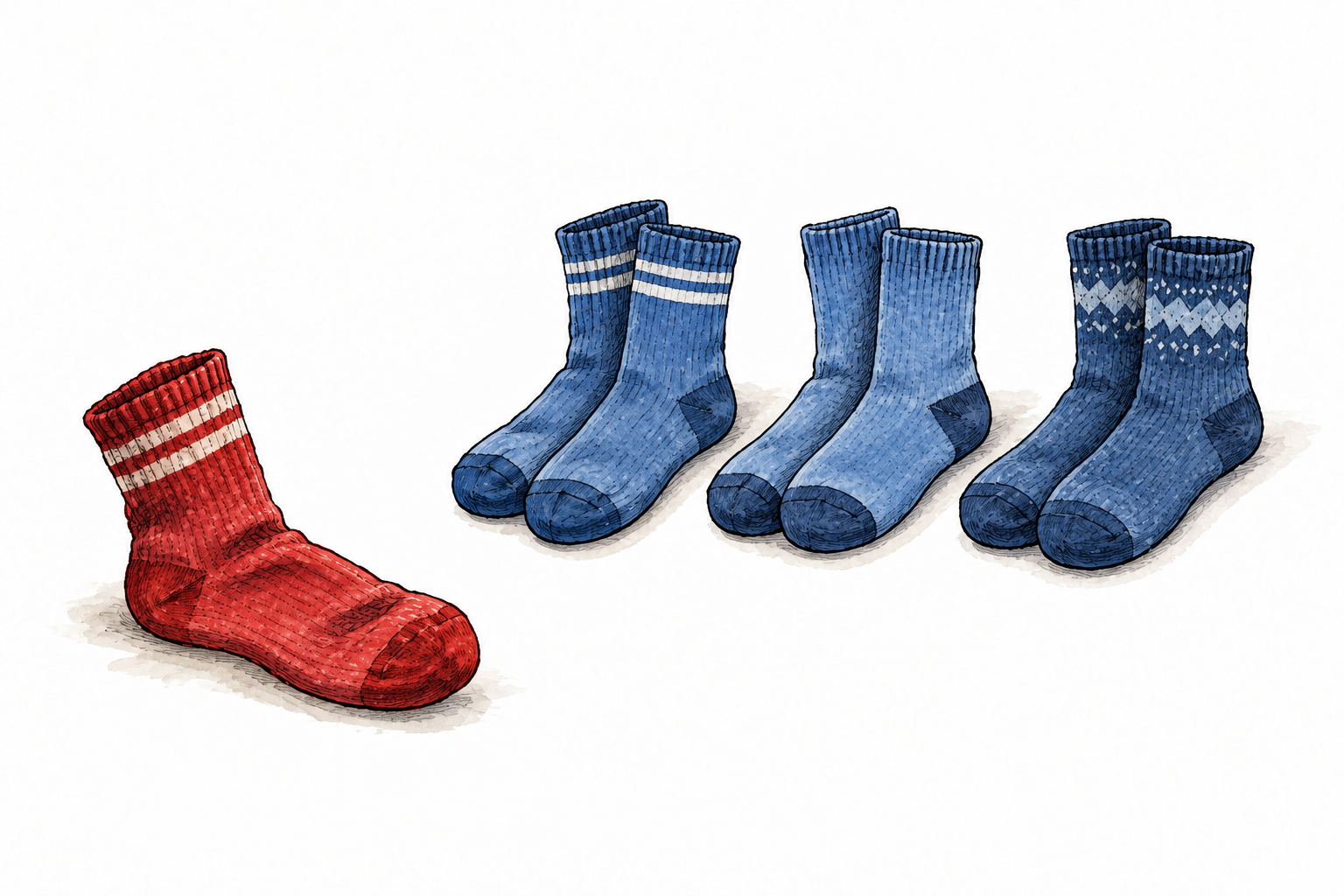 One lone mismatched red sock separated from three neatly matched pairs of blue socks.