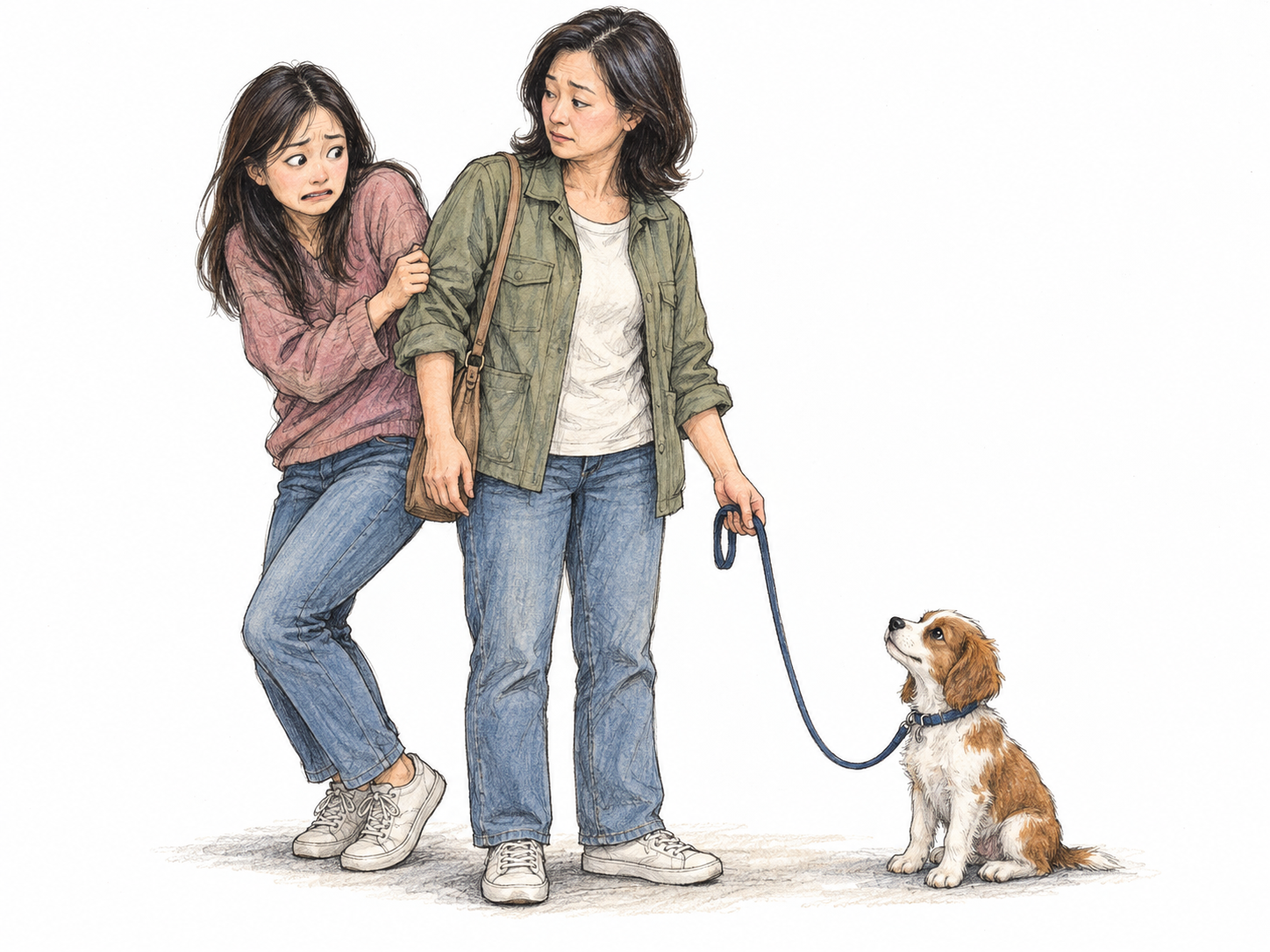 A timid young adult shelters behind a calm companion, recoiling from a tiny, visibly friendly puppy.