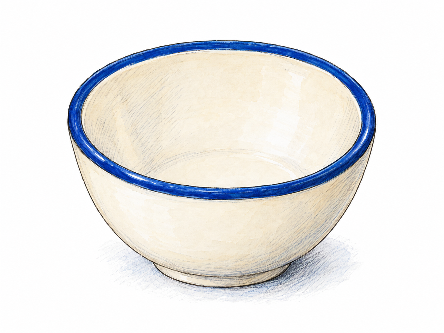 A plain round ceramic bowl viewed obliquely from above, with a contrasting blue band confined to its thick upper lip so the circular opening's outer edge is unmistakable.