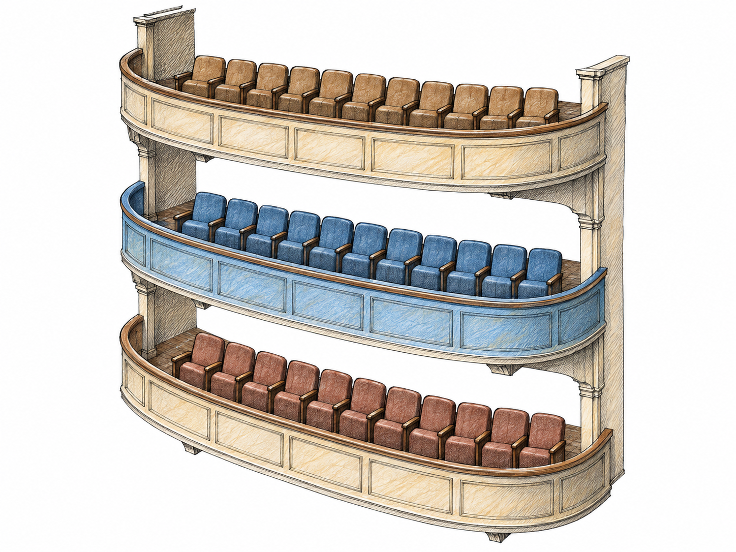 A compact theater cutaway showing three clearly separated tiers of seating, with the middle tier emphasized in muted blue.