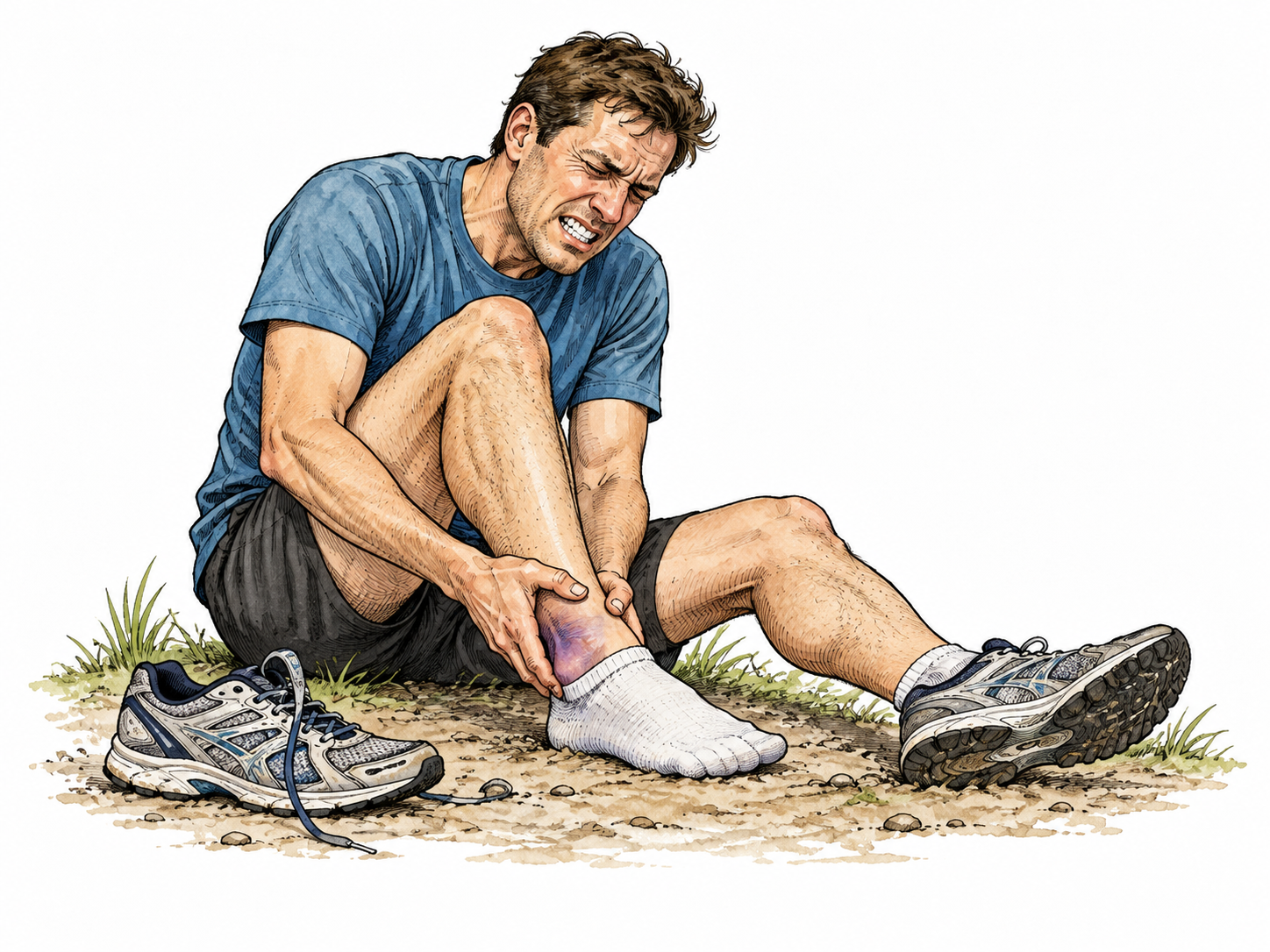 White adult winces while holding sprained ankle beside running shoe.
