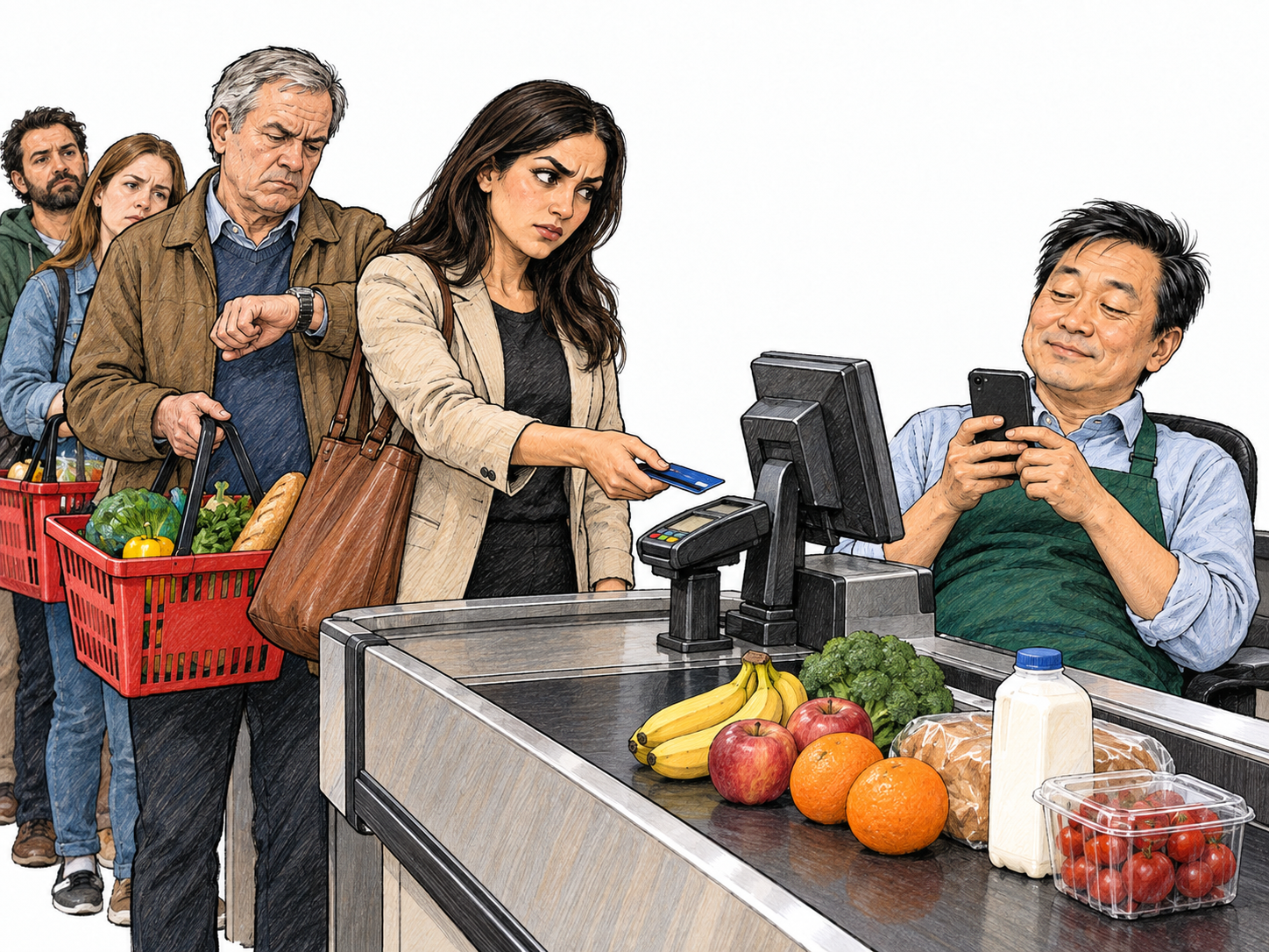 A checkout worker delays a queue by leisurely attending to his phone instead of scanning the groceries directly in front of him.