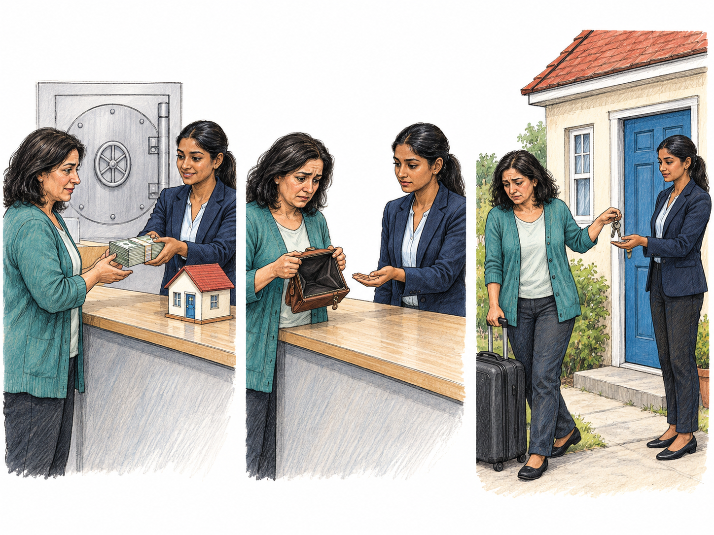 A compact three-stage sequence shows a homeowner receiving a housing loan, being unable to make repayment, and surrendering her house keys to the same lender representative.