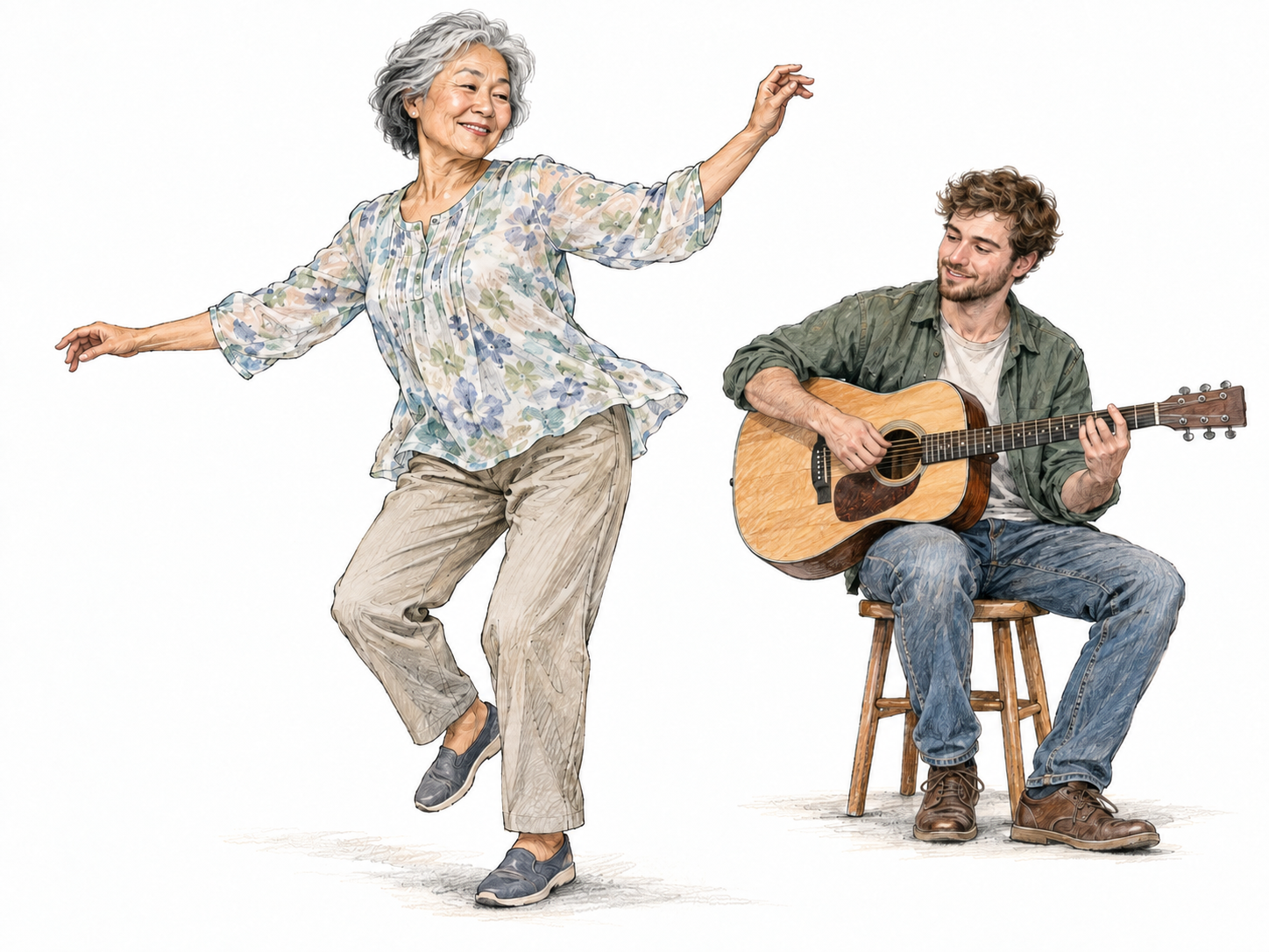 An older woman dances beside a young adult guitarist, her lifted heel, bent knees, turning torso and expressive arms visibly responding to live music.