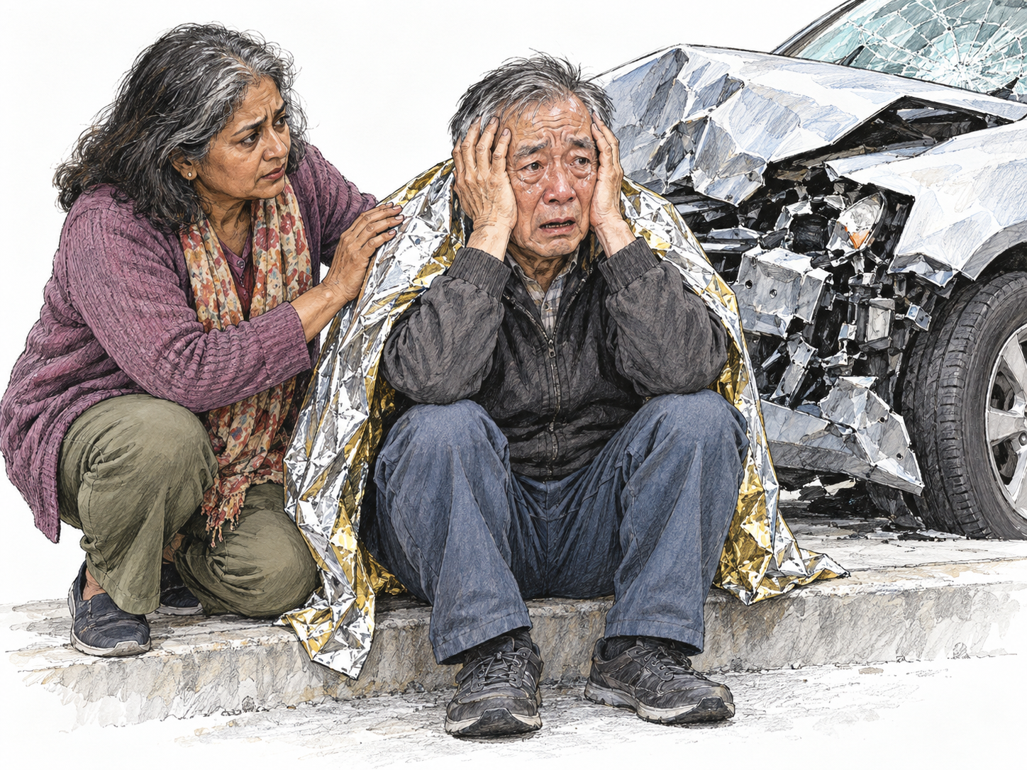 An older man sits trembling on a curb beside a badly wrecked car, physically uninjured but visibly overwhelmed.