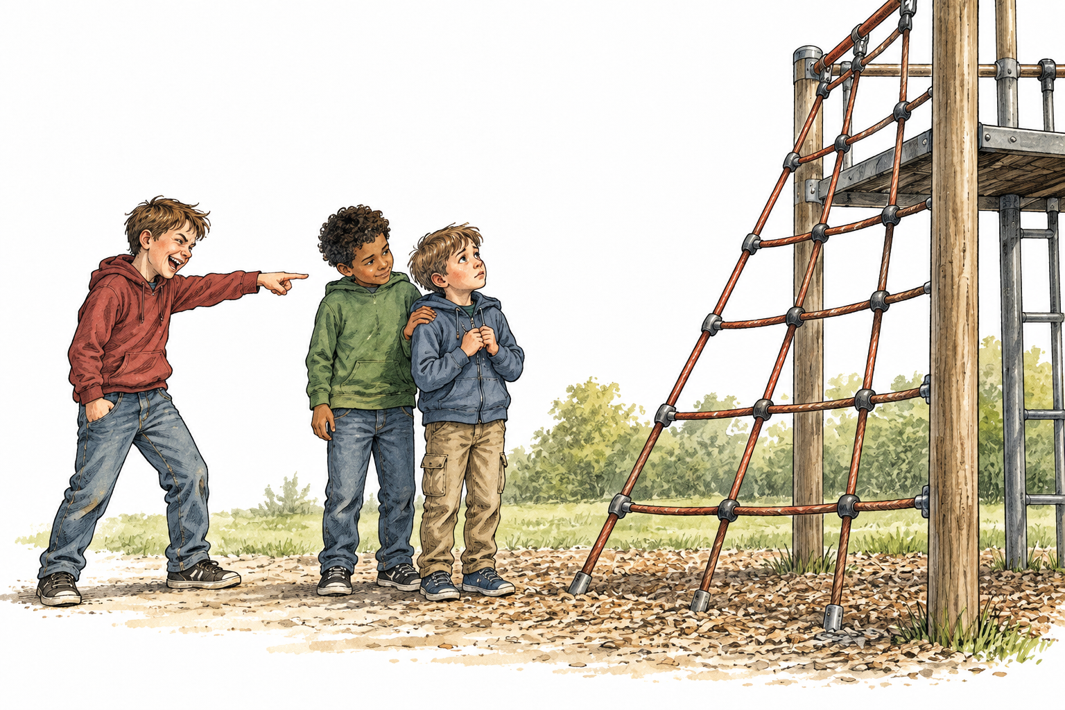 A schoolyard bully mockingly pointing at a hesitant boy before a high climbing frame while a friend stands supportively beside the boy, the insult shown as unkind behavior, no gender caricatures, no words or speech bubbles.