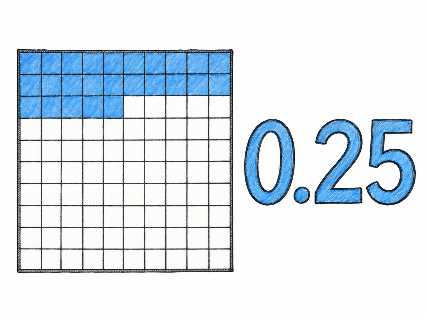 A single hundred-square counting tile with 25 squares shaded, paired with the clearly written number 0.25.