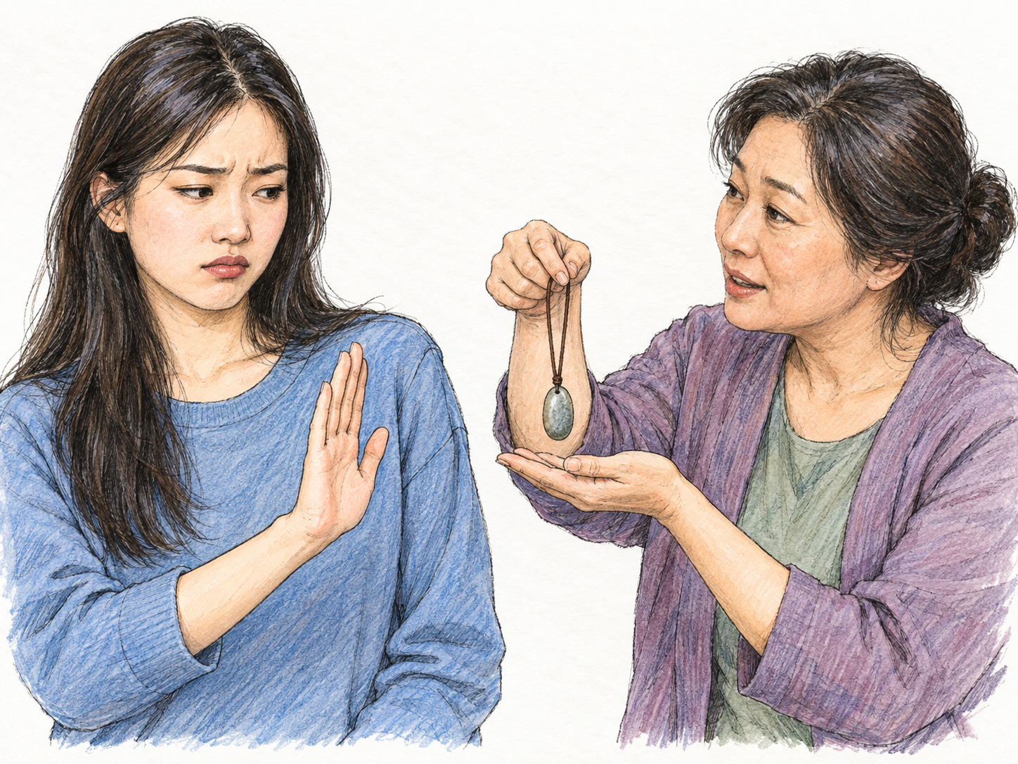 A young adult woman remains unconvinced by another woman's claim that a plain pendant has special powers: she raises a gently dismissive palm and regards the offered pendant skeptically.