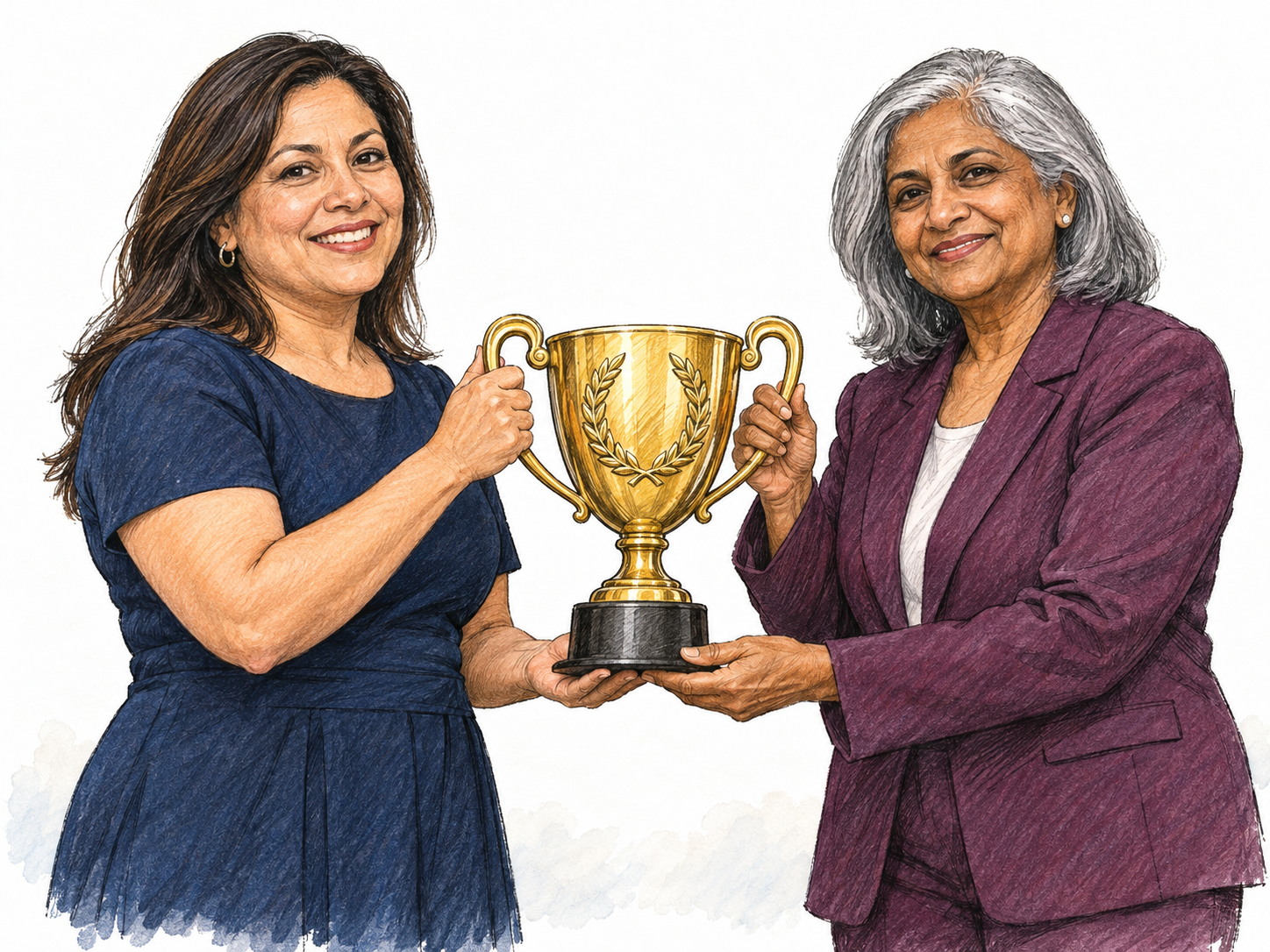 A formal prize presentation: a woman proudly receives a gold trophy bearing a prominent laurel emblem from an older presenter.
