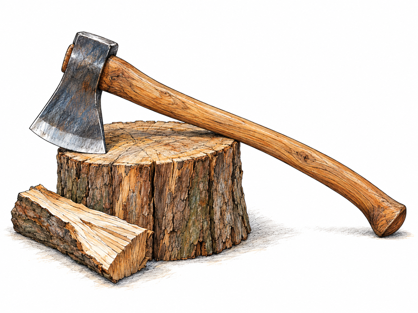 A single full-size chopping axe resting diagonally across a low chopping stump, with its heavy steel head and long wooden handle fully visible.