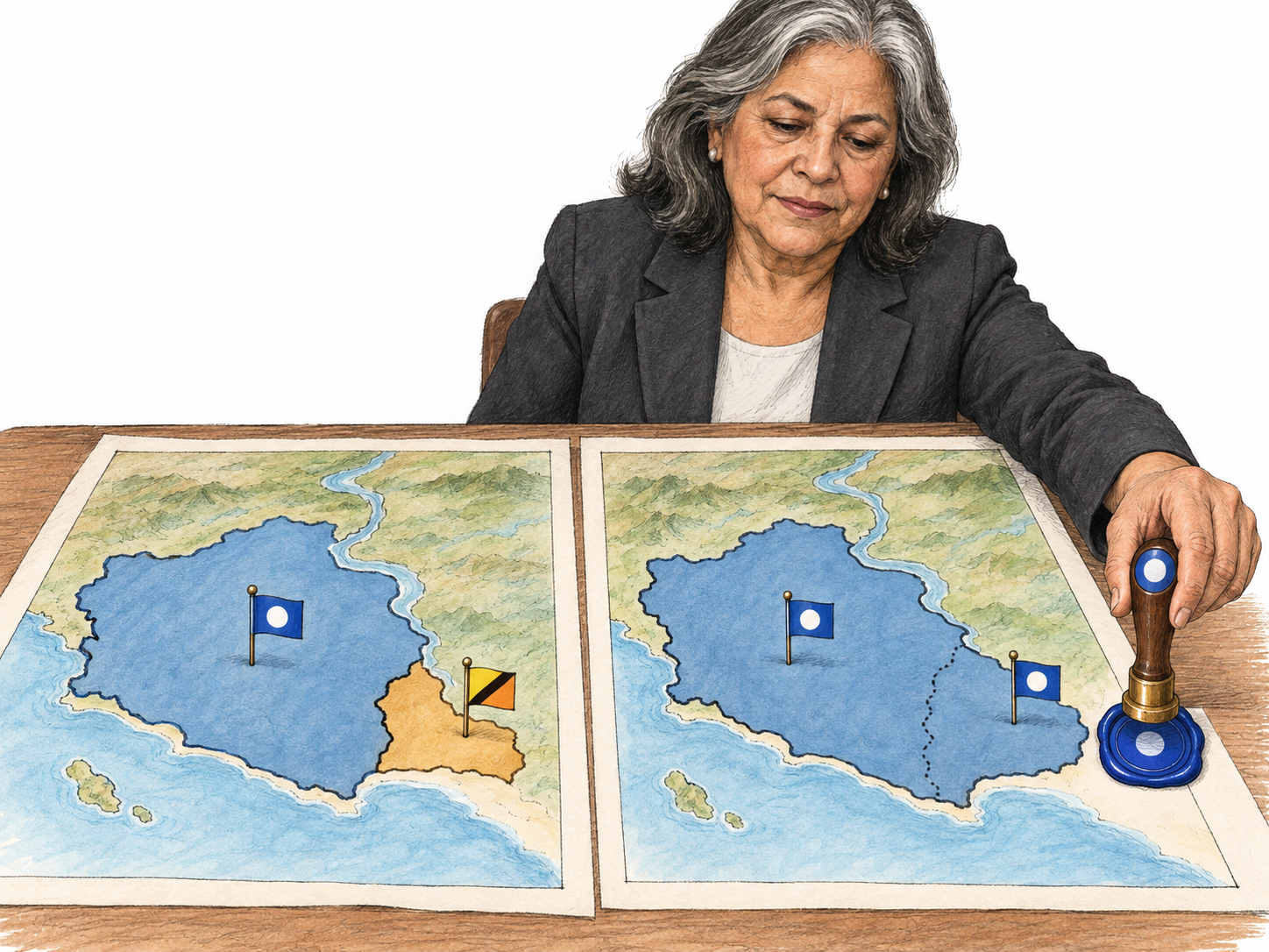 An official formally incorporates a small neighboring territory into a visibly larger existing jurisdiction: paired physical maps show the same land before and after, with the larger jurisdiction retaining its identity while extending its boundary and authority over the smaller parcel.