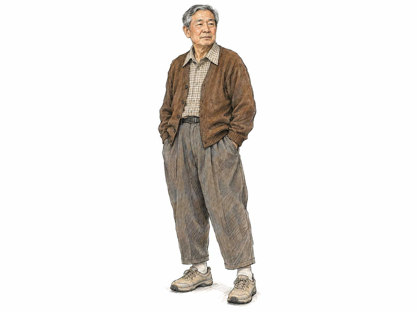 An older man wears a conspicuously dated, dull outfit: a shapeless brown cardigan over a drab checked shirt, excessively baggy high-waisted trousers, and clunky beige shoes.