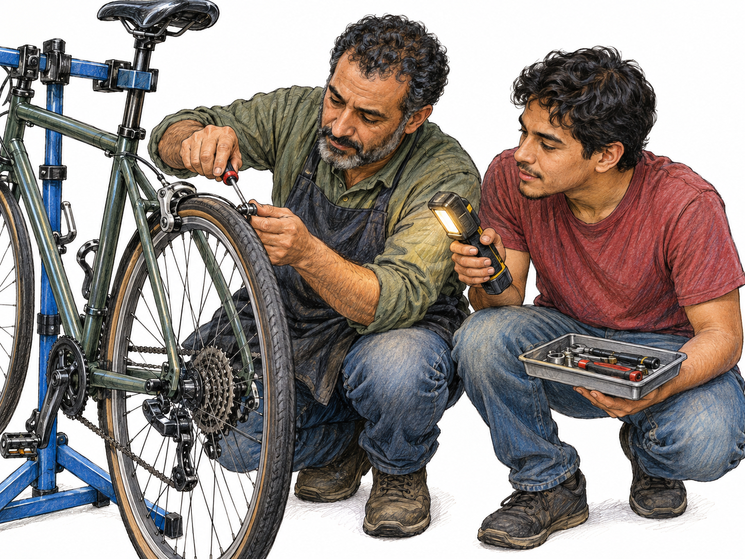 A bicycle mechanic repairs a rear brake while his close assistant crouches shoulder-to-shoulder beside him, directing a work light onto the repair and keeping an open tool tray ready.