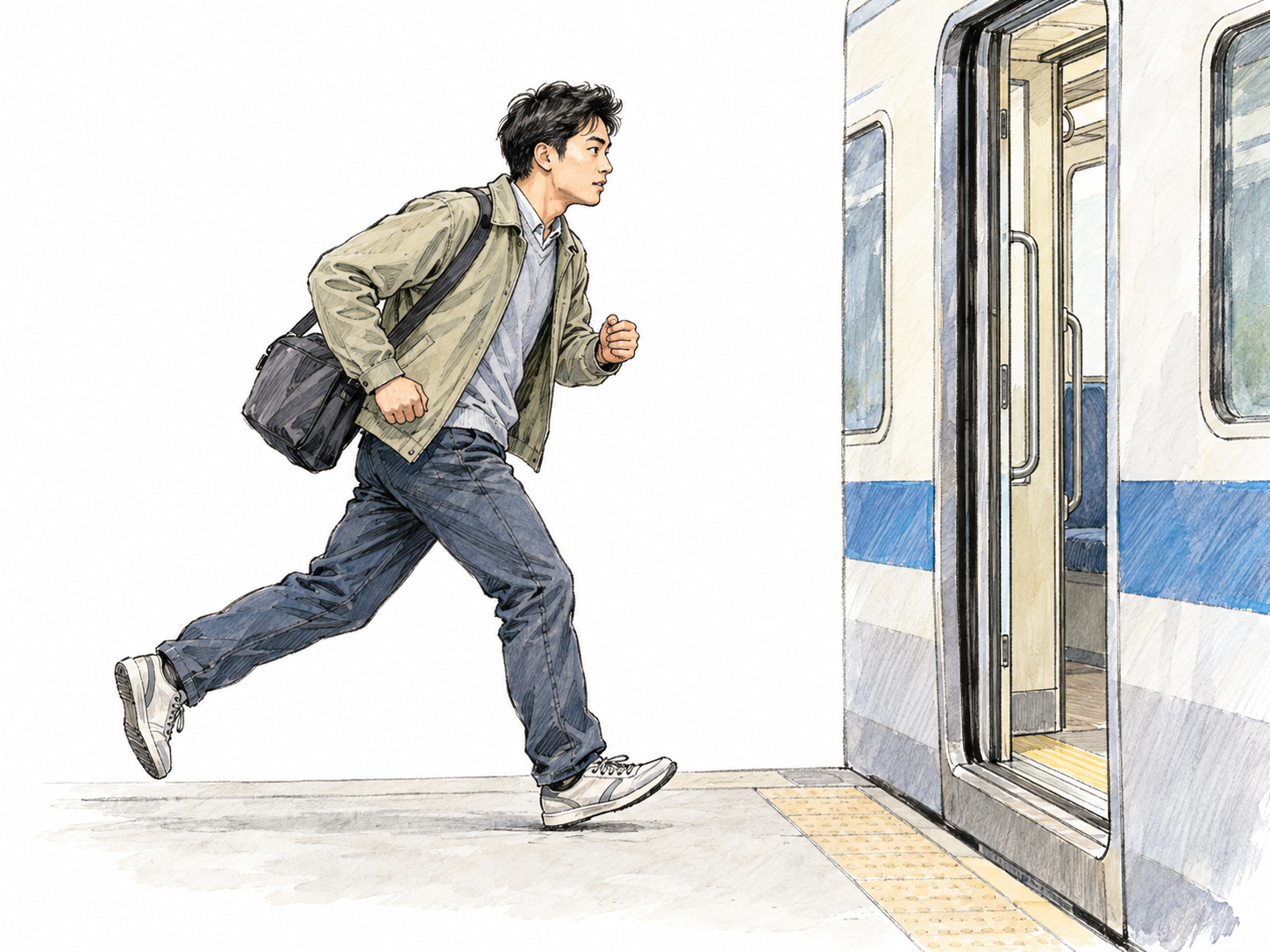 A young man hustles toward an open train doorway, taking a long, hurried stride with his bag swinging behind him.