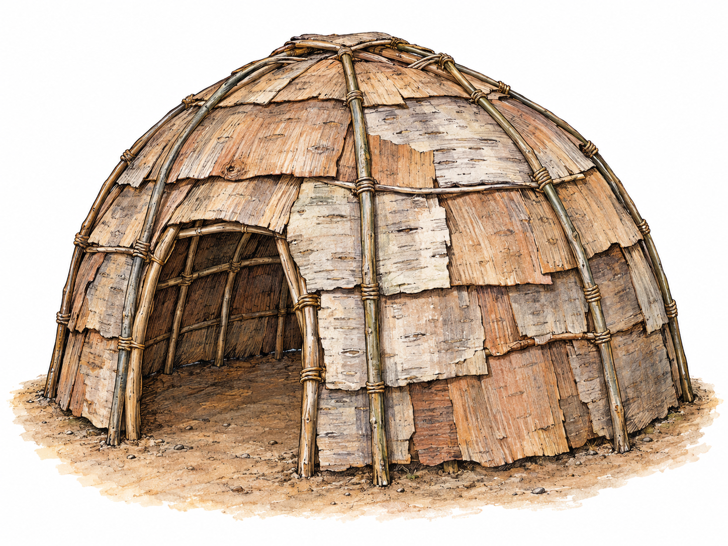 A single domed wigwam with overlapping bark coverings and a low open doorway that reveals its bent-pole framework, shown without people.