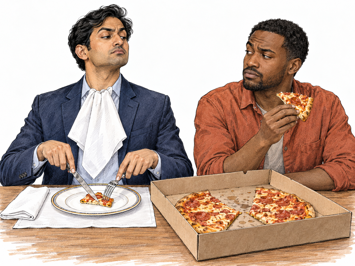 An affected, pretentious man makes a conspicuously grand ceremony of eating takeaway pizza while looking down his nose at his companion's ordinary way of eating.