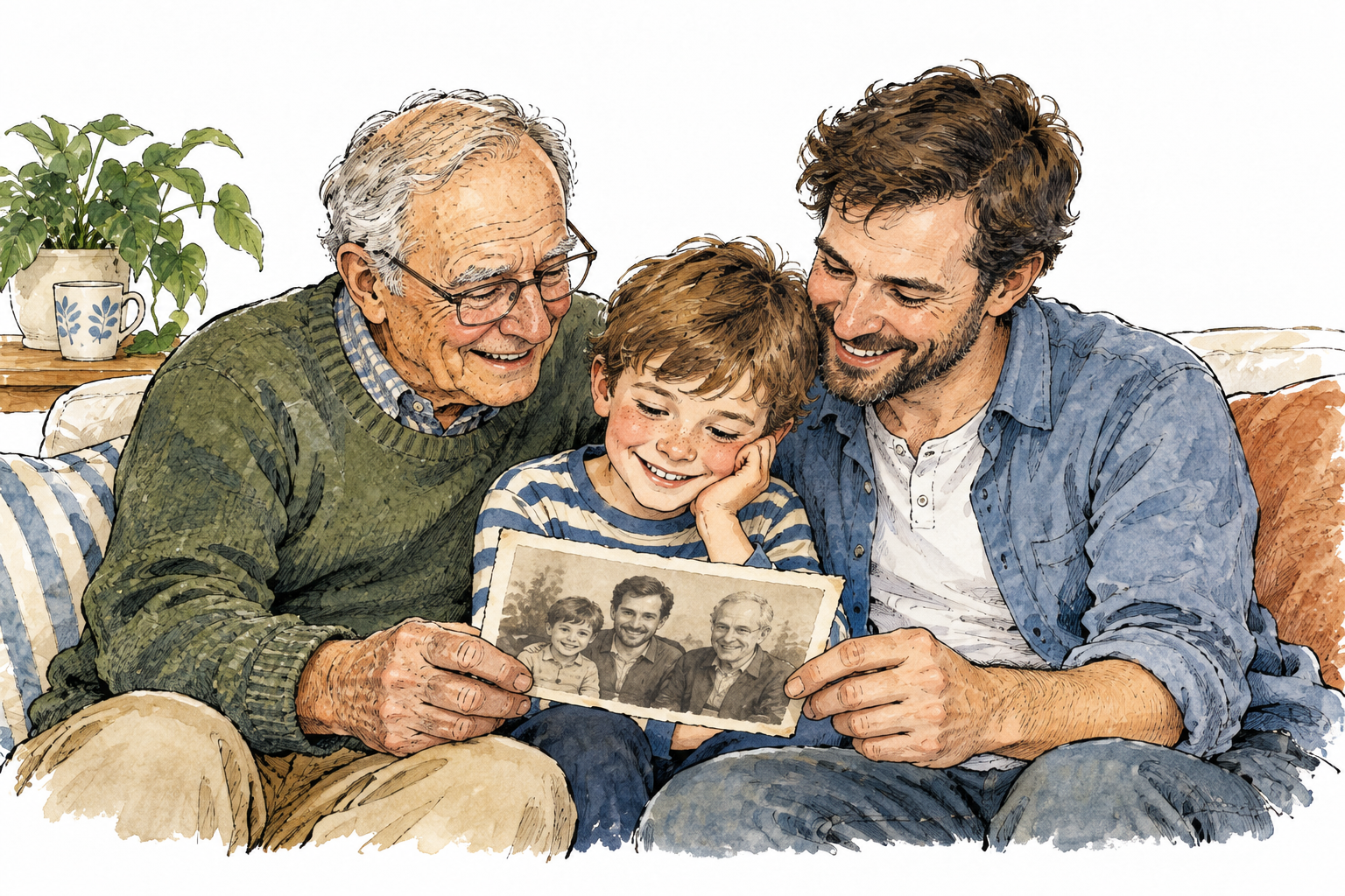 Three generations show shared familial resemblance while looking at old family photo, affectionate setting, no text.