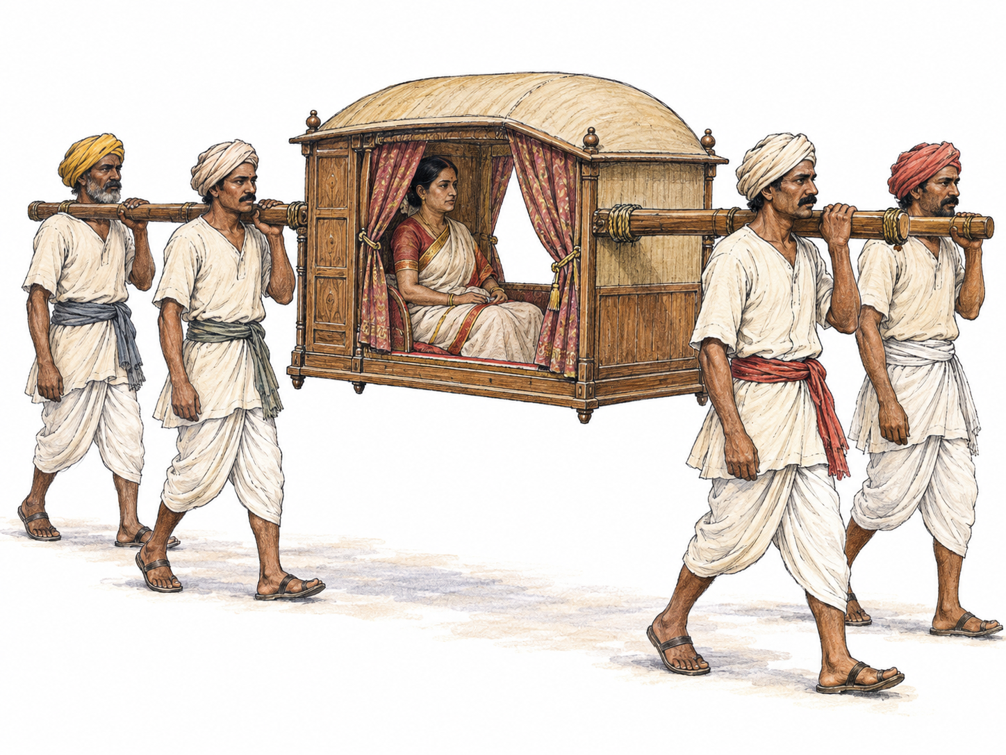 A side-three-quarter view of a covered wooden palanquin carried above the ground by four bearers, with its open side revealing a seated passenger.