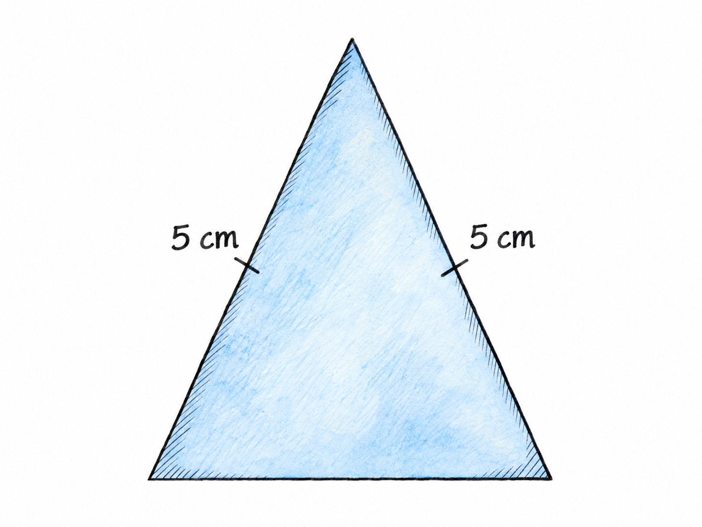 A single upright isosceles triangle with two visibly equal sloping sides, matching side-length labels and matching congruence ticks.