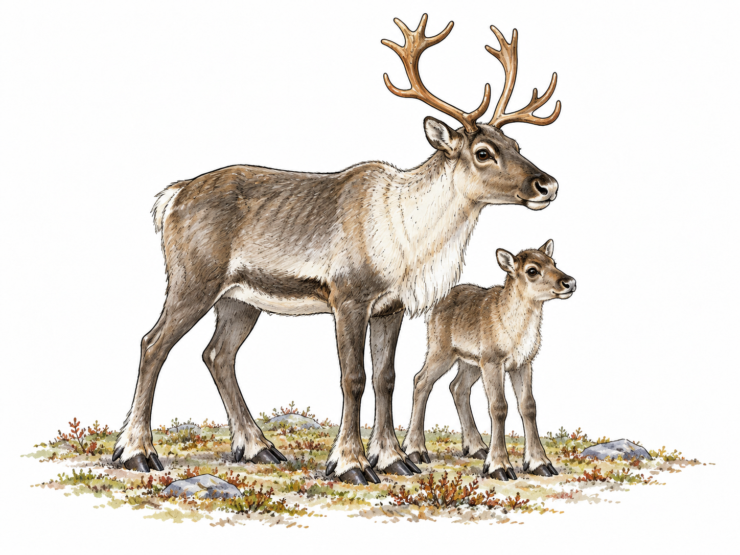 A female reindeer with antlers and calf stands on Arctic tundra, broad hooves, thick gray-brown coat and natural antler structure, no harness or Christmas motifs.